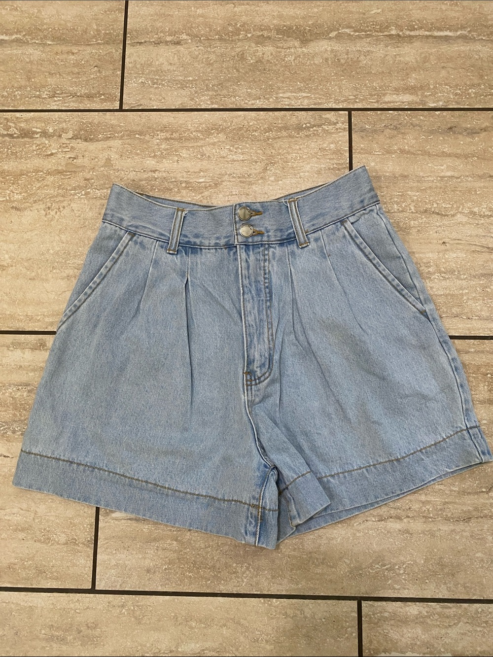 High-Rise Light Blue Pleated Women's Denim Shorts